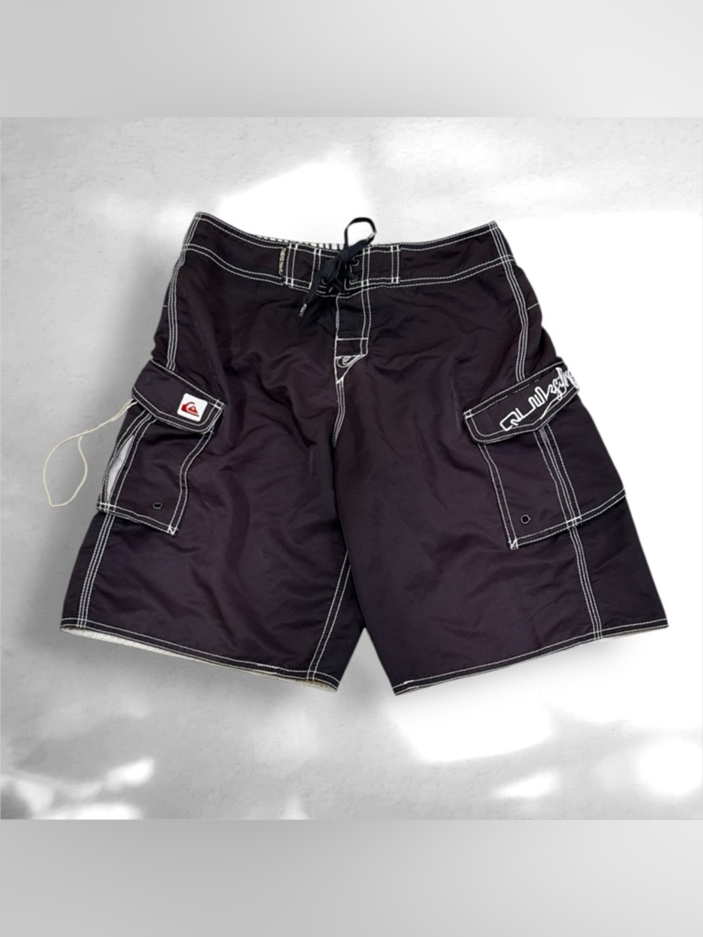 Quiksilver Black Board Shorts Size 34 With White Embroidery Y2K Sz 30x10